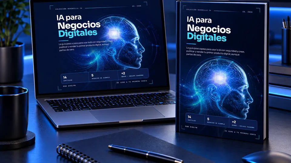 Mockup del ebook IA para Negocios Digitales con libro y tablet