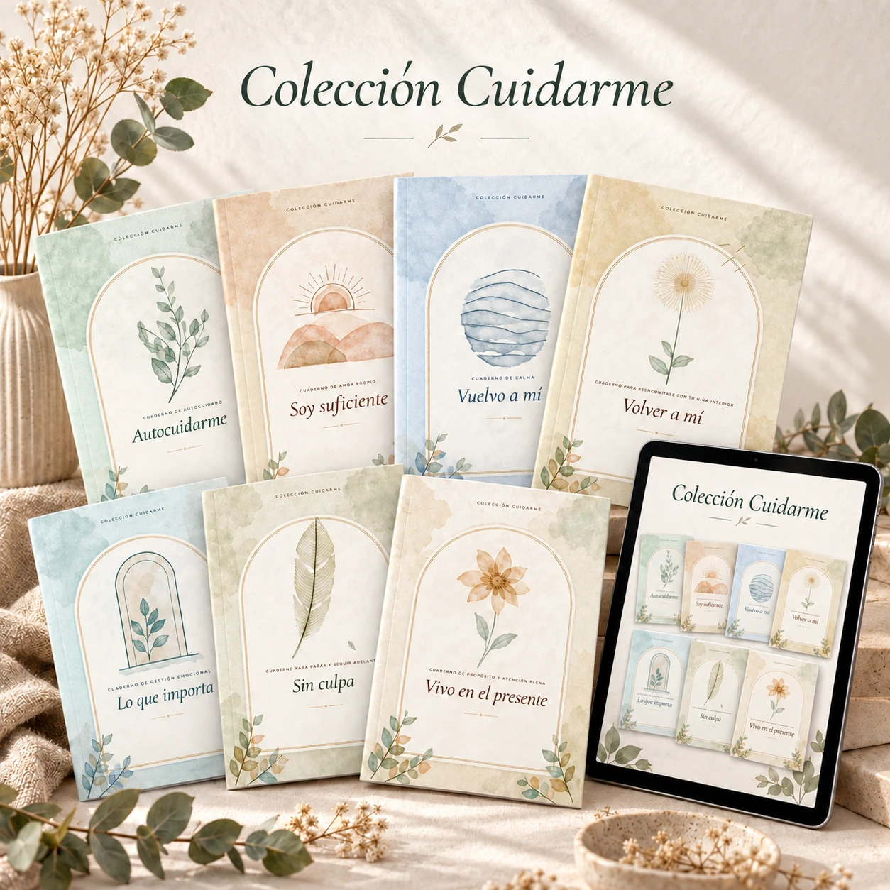 Colección Cuidarme completa con siete cuadernos y tablet
